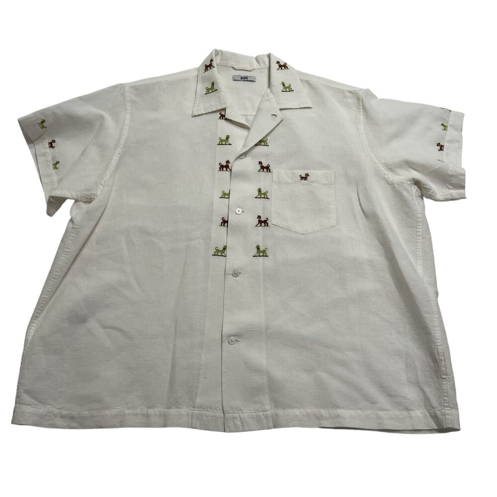 BODE Linen Blend Dog Embroidered Shirt in White